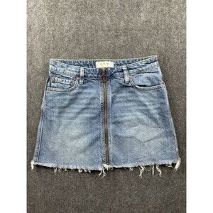We The Free People Zip It Up Denim Mini Skirt Medium Wash Frayed Raw Edge 26